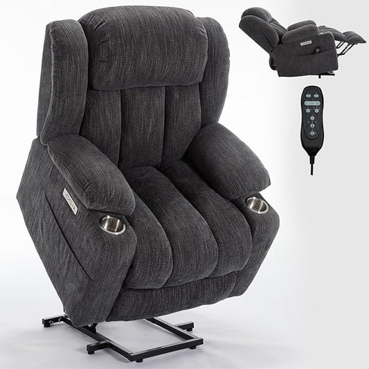 Power Lift Recliner Chair, 350lb Capacity with 8-Point Massage & Heating, USB/Type-C Ports & Cup Holders, Heavy Duty Chenille Recliner for Elderly, Grey