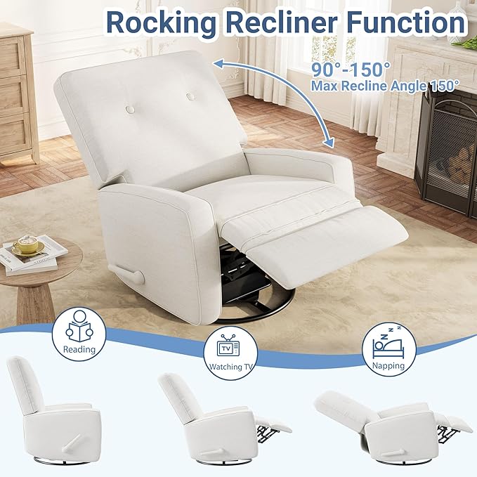 Oversized Recliner Chairs, Swivel Rocker Recline, Glider Recliner Nursery Chair, Recliner Chair for Adults, 360°Swivel Glider Rocking Chair for Living Room, Bedroom, Office, RV, Linen, White