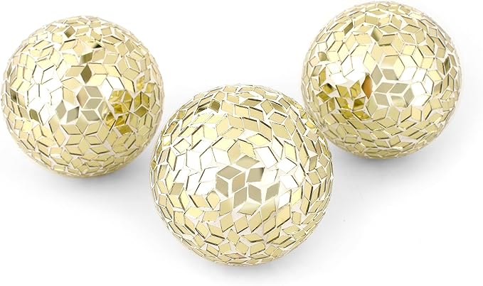 Alpha Living Home 3.5" Glass Mosaic Elegant Antique Gold Metal Sphere Set of 3 - Chic Centerpieces, Farmhouse & Art Deco Home Accents, Vintage Modern Table Decor, Indoor/Outdoor Ornament (Gold)