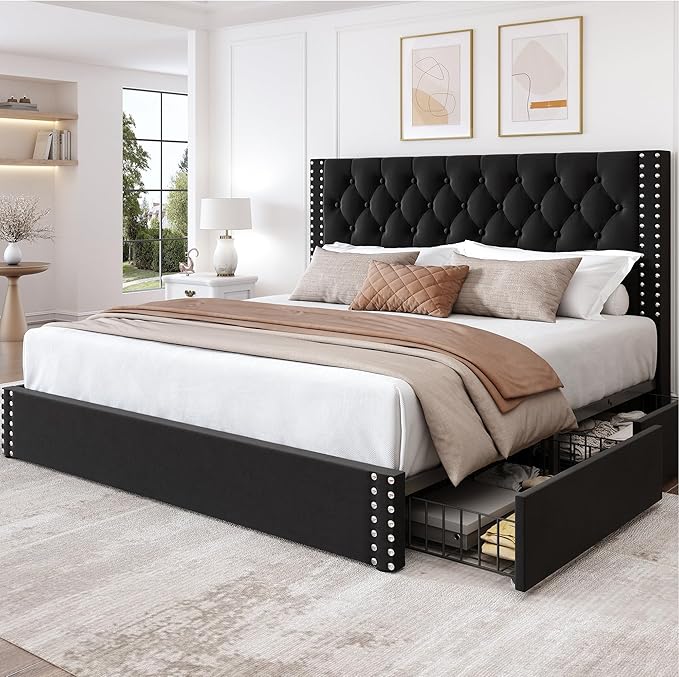 LARMACE King Size Bed Frame with 4 Storage Drawers and Tufted Headboard Linen Upholstered Platform Bed Frame with Heavy Duty Wood Slats, No Box Spring Needed, Easy Assembly,Black