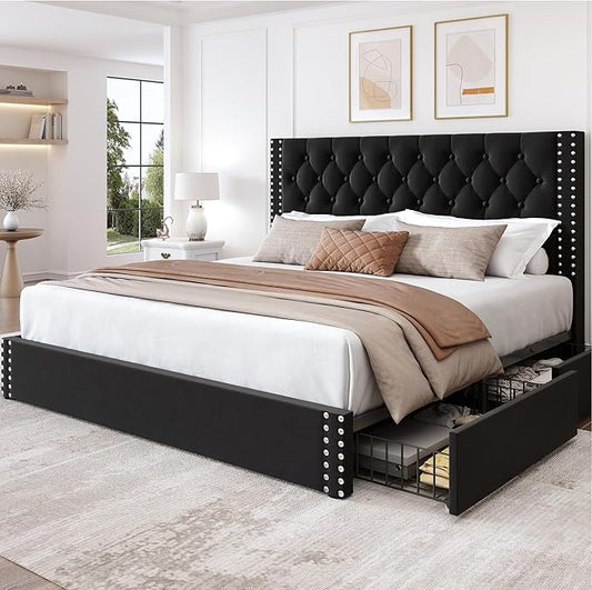 LARMACE King Size Bed Frame with 4 Storage Drawers and Tufted Headboard Linen Upholstered Platform Bed Frame with Heavy Duty Wood Slats, No Box Spring Needed, Easy Assembly,Black