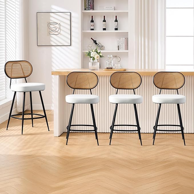 BFZ Counter Height Bar Stools Set of 4, 26" Seat Height Barstools with Rattan Back and Metal Legs, Upholstered Faux Leather Bar Chairs for Kitchen Island, Home Bar, Beige