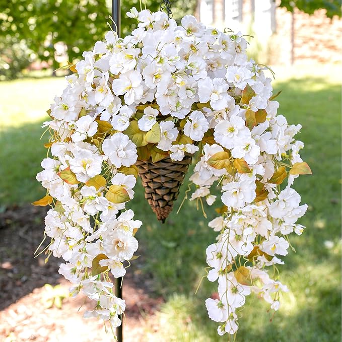 Artificial Fake Fall Hanging Flowers Plants Baskets for Outdoor Decoration, 5Pcs Faux Silk Hibiscus Long Vines in Planter UV Resistant Realistic Flower for Outside Home Porch Patio Garden, Fall White