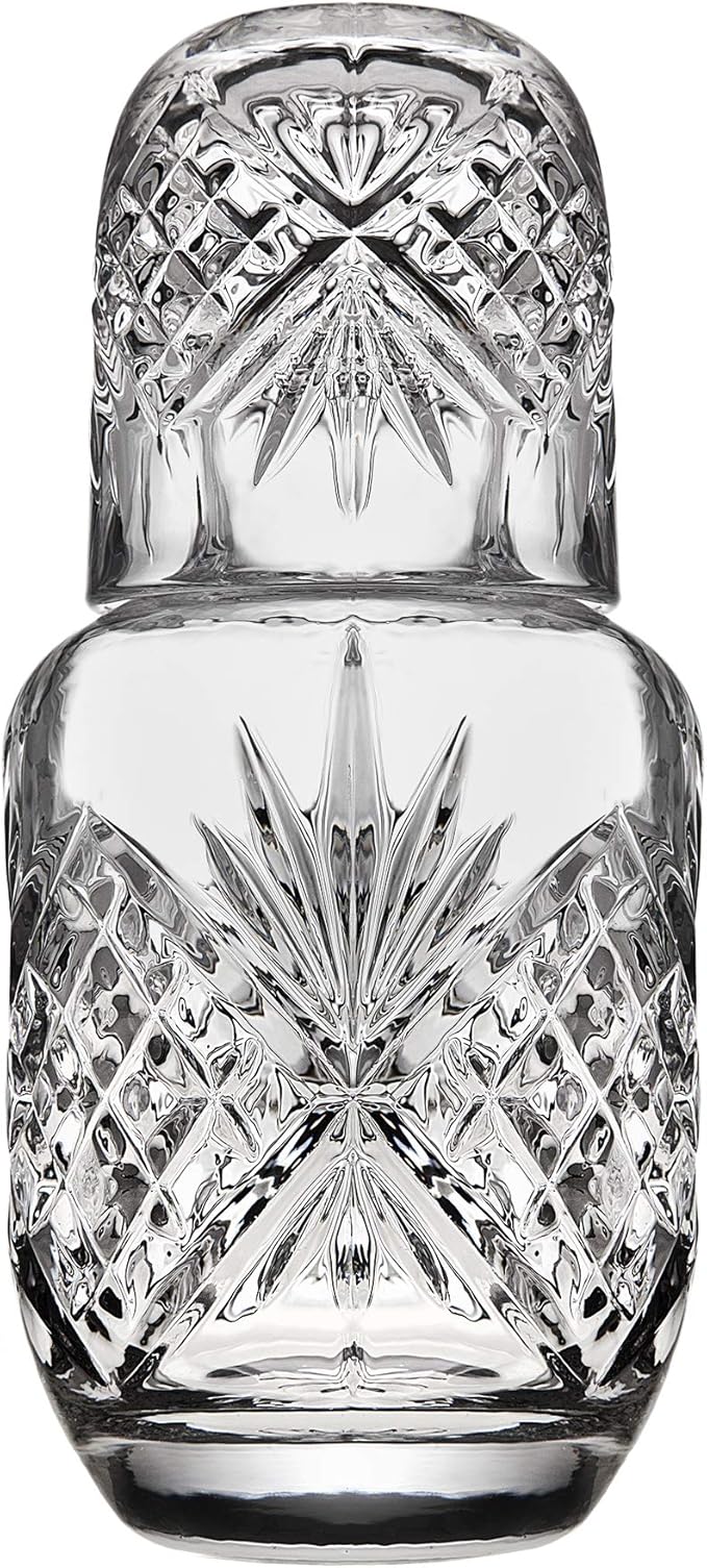 Crystal Bedside Night Carafe Pitcher and Water Glass Tumbler Set, Bedroom Nightstand Water Pitcher and Cup Set