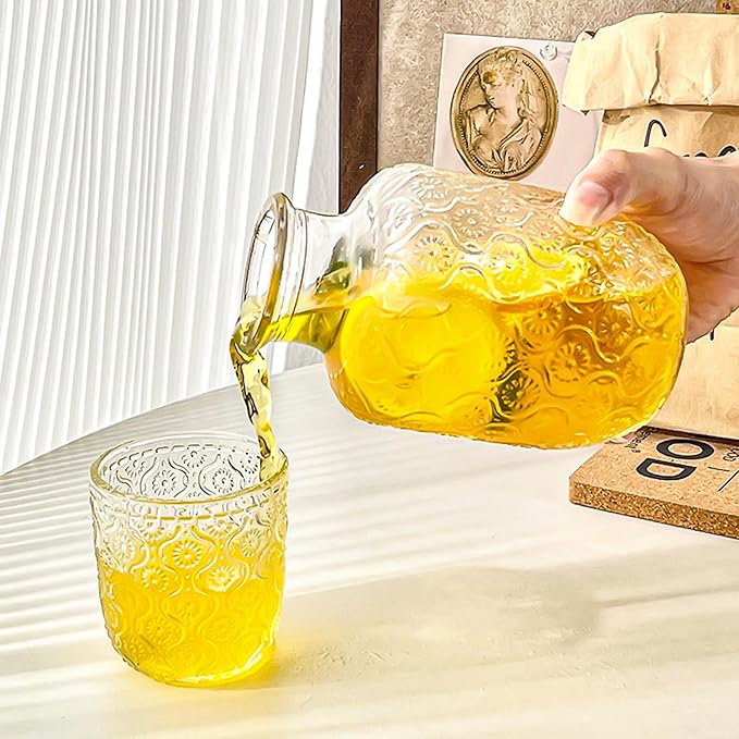 Vintage Bedside Water Carafe and Glass Set for Bedroom Nightstand, Bedside, Ticked Glass Mouthwash Decanter for Bathroom, Water Pitcher Set 18.5 oz