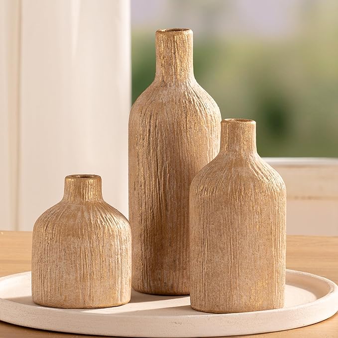 Ceramic Vase Home Table Decor - Gold Flower Vase Set of 3 Living Room Kitchen Decorations Farmhouse Modern Rustic Vases Decorative Centerpiece for Shelf Bedroom Office Bathroom Dining Coffee Desk