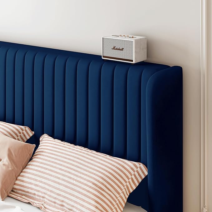 SHA CERLIN Full Size Velvet Bed Frame with Vertical Channel Tufted Wingback Headboard, Upholstered Platform Bed with Wood Slats, No Box Spring Needed, Easy Assembly, Blue