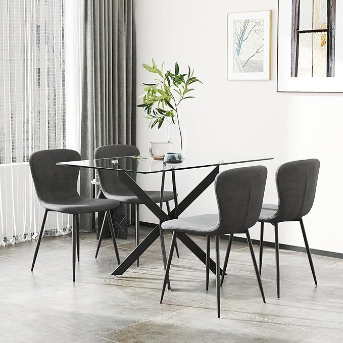 Tempered Glass Dining Table 48 Inch Mordern Rectangular Kitchen Table with Black Metal Legs for Dining Room Kitchen