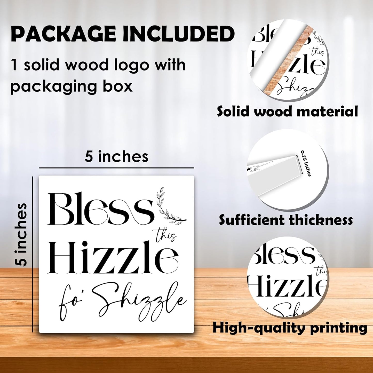 Bless This Hizzle Fo Shizzle Wooden Block Plaque - White Tabletop Sign Decor For Friend Family Coworker - 5"x5" Room Office Home Wood Block - Funny Desk Gifts Favors & Supplies - A09