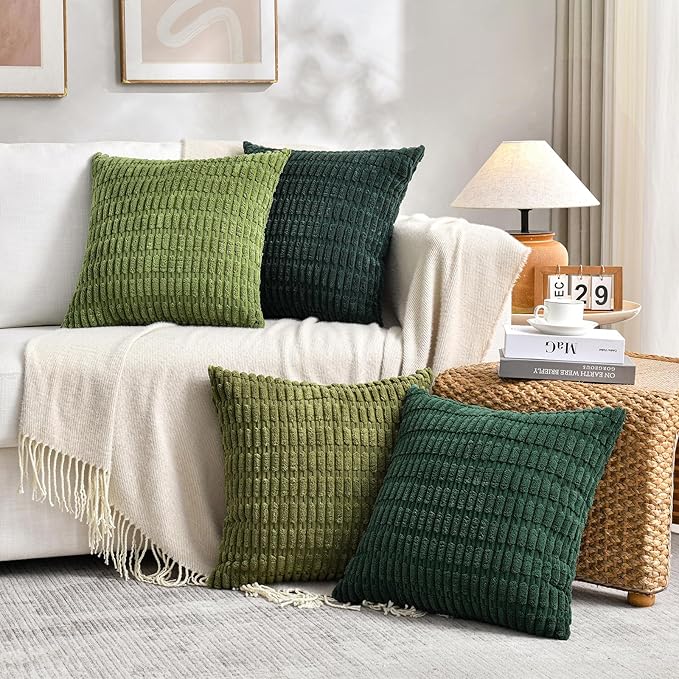 Fancy Homi Set of 4 Green Boho Winter Decorative Throw Pillow Covers 22x22 Inch for Couch Bed Sofa, Aesthetic Modern Bohemian Room Decor, Soft Fuzzy Cozy Corduroy Textured Cushion Case 55x55cm