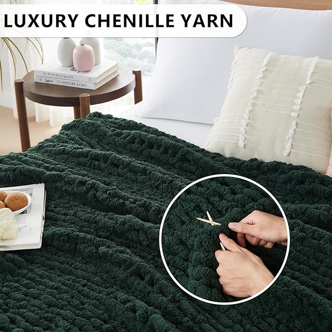L'AGRATY Chunky Knit Blanket Throw: 50''x60'' Chenille Chunky Knitted Throw Blankets for Bed Couch - Handmade Thick Cable Knit Blanket - Large Crochet Rope Blankets for Home Decor(Olive Green)