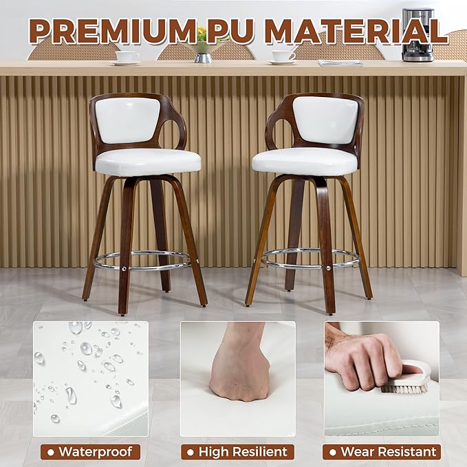 ECOTOUGE Swivel Bar Stools Set of 4, Walnut Faux Leather Counter Height Barstools with Bentwood Back and Footrest, for Dining Room, Kitchen Island and Pub, White