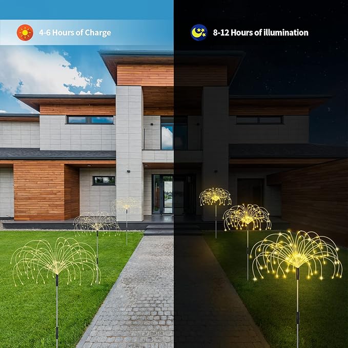 5 Pack Solar Garden Lights, Firework Outdoor Waterproof 120 LED 8 Modes with Remote Control, Decorative Solar Lights for Outside Yard (Warm White)