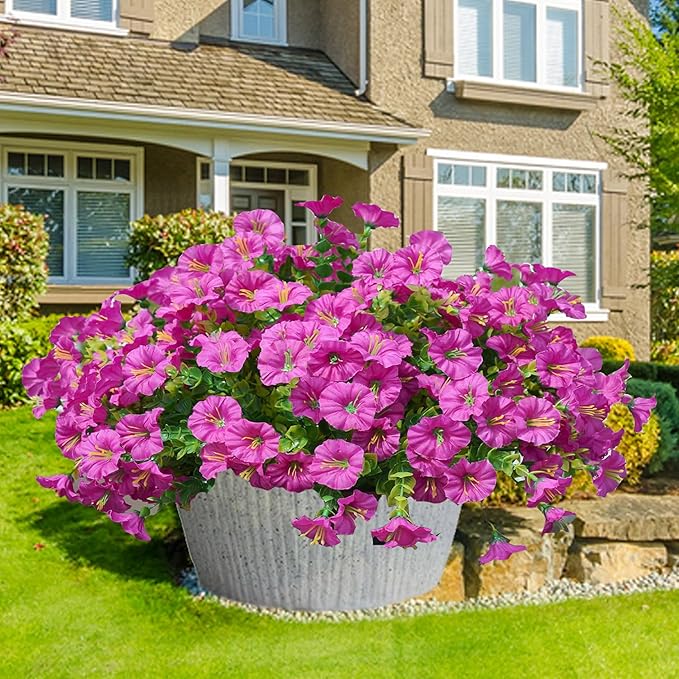 Artificial Outdoor Flowers 16 Bundles Fake Morning Glory Flower Outdoor UV Resistant Plastic Faux Flowers Plants for Decoration Indoor Outdoor Hanging Window Box Planter Home Porch Decor (Fuchsia)