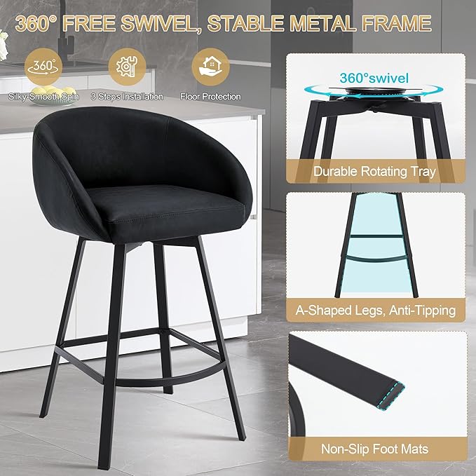 Zesthouse Swivel Counter Height Stools Set of 4, Modern Barrel Bar Stools for Kitchen Island, 26" Upholstered Kitchen Counter Height Barstools with Barrel Arms & Back, Black Faux Leather Bar Chairs