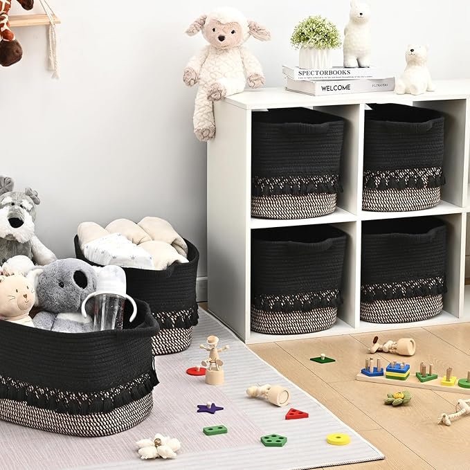 6 Pack Storage Basket for Shelves, Boho Cotton Rope Storage Bins with Heavy Tassel, Shelf Baskets Large Woven Baskets for Organizing, Cube Organizer Bins, Baby Laundry Basket for Clothes, Toys, Pets