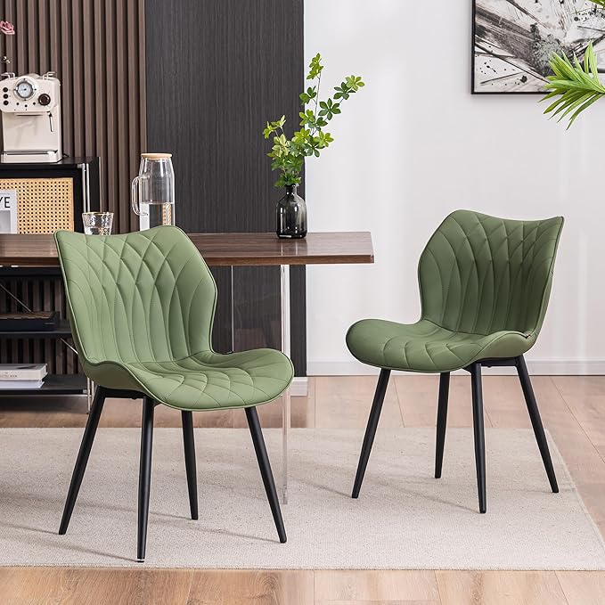 YOUNIKE Dining Chairs Set of 2, Upholstered Faux Leather Kitchen Dining Room Chairs, Modern Living Room Bedroom Side Chairs with Wide Curved Back and Metal Legs, Olive Green