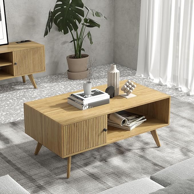 Mid Century Modern Coffee Table with Storage, Light Oak Wood Center Table with Cabinet & Open Shelf, Retro Cocktail Table for Living Room and Small Spaces