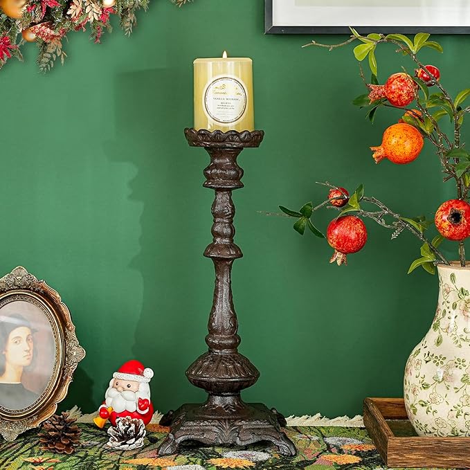 Sungmor Heavy Duty Cast Iron Candlestick Holders - Handcrafted Vintage Candelabra - 37CM/15Inch Tall 1-Head Candle Holder - Decorative Pillar Candle Stand for Christmas Birthday Wedding Home Party