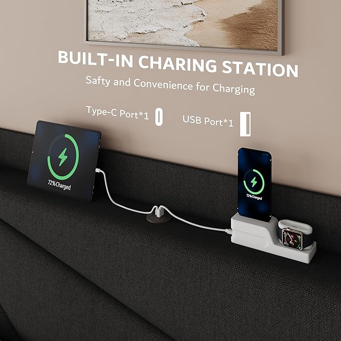 iPormis Full Size Bed Frame with Charging Station, Linen Platform Bed Frame with Wingback Upholstered Headboard, Solid Wood Slats Support, No Box Spring Needed, Easy Assembly, Black