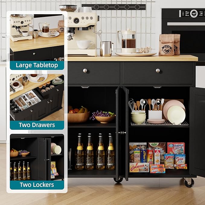 Shintenchi Kitchen Island with Drop Leaf, Rolling Kitchen Cart with Storage on Wheels, Table Bar Cart for Kitchen with Towel Rack & Seating Area for Dining Room, Black