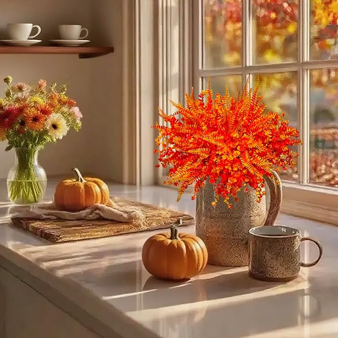 Ivydale Artificial Fake Fall Mums Flowers Plants for Outdoor Outside, 12 Bundles Faux Autumn Orange Daisy Plastic Greenery Realistic UV Resistant for Front Door Porch Patio Balcony Garden Yard Decor