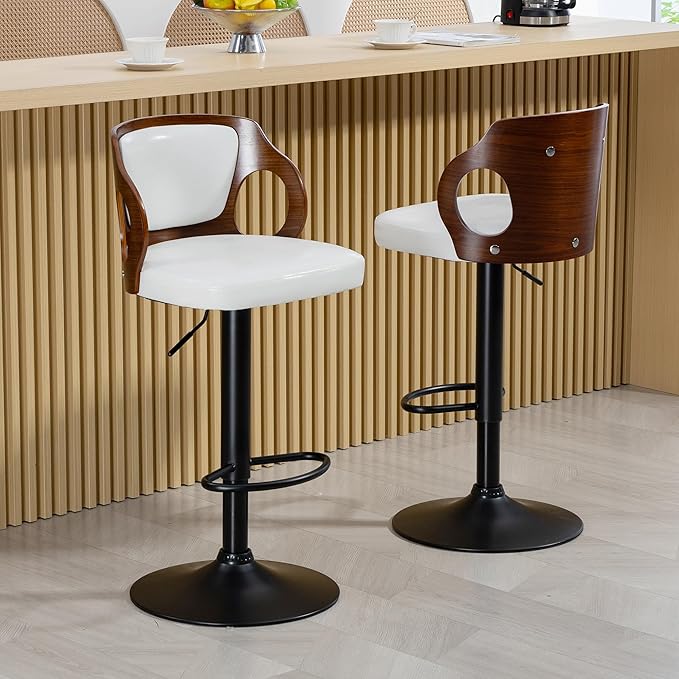 ECOTOUGE Swivel Bar Stools Set of 2, Height Adjustable Bentwood Island Stools, Modern Counter Height Bar Stools, Faux Leather Counter Stools with Back & Footrest, White
