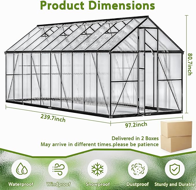 Wanan 8x20FT Greenhouses for Outdoors, Quick Assembly Polycarbonate Green House with UV Protection, Heavy Duty Windproof Aluminum Frame, Adjustable Roof Vent for Backyard or Outdoor Garden Use