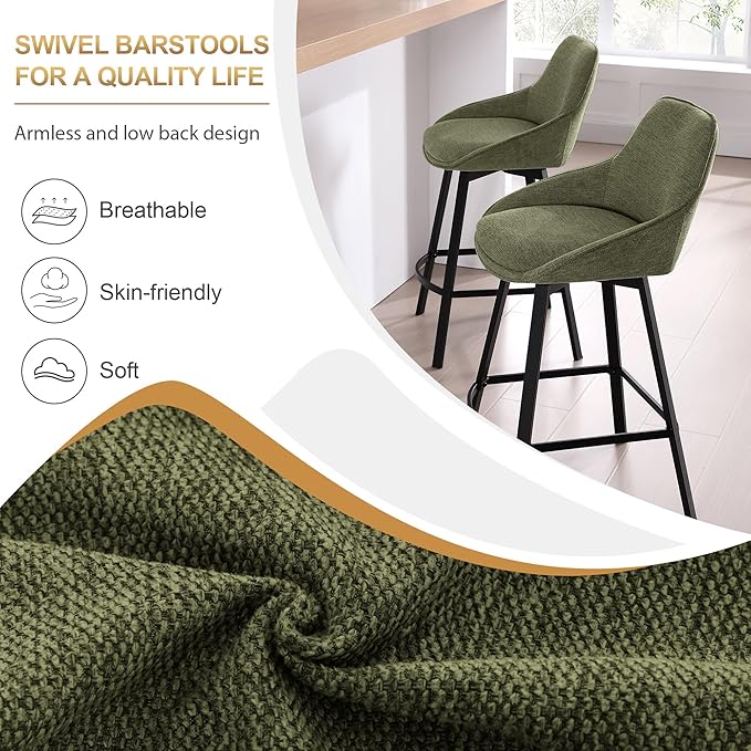 Zesthouse Swivel Bar Stools Set of 4, Modern Counter Height Barstools with Backs, 26'' Upholstered Linen Fabric High Chairs for Island Kitchen, Counter Height Chairs with Metal Legs, Green