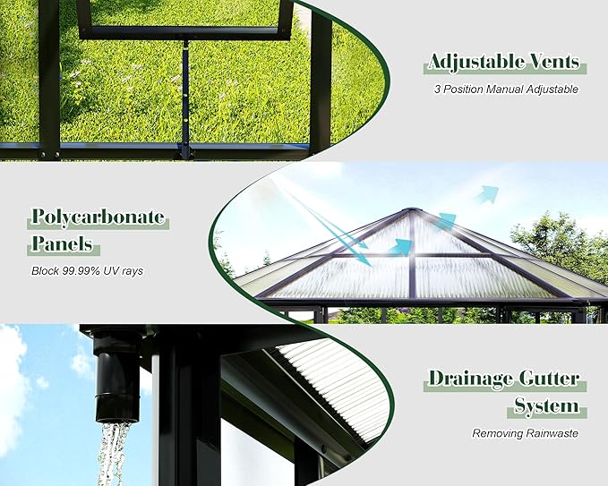 Jocisland 12x10x8 FT Hexagonal Greenhouse for Outdoors, Quick-Connectors, Aluminum Frame with 2 Vents, 2 Swing Doors, and Walk-in Design for Garden or Backyard, Black