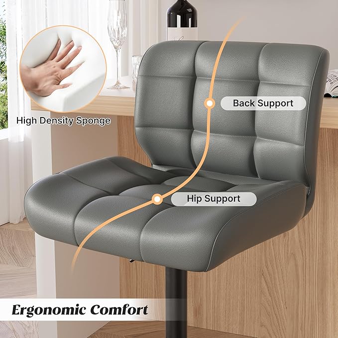 Modern Bar Stools, Faux Leather Upholstered Swivel Bar Stools, Adjustable Counter Height Bar Chairs with High Back and Footrest for Kitchen Island (Dark Grey)