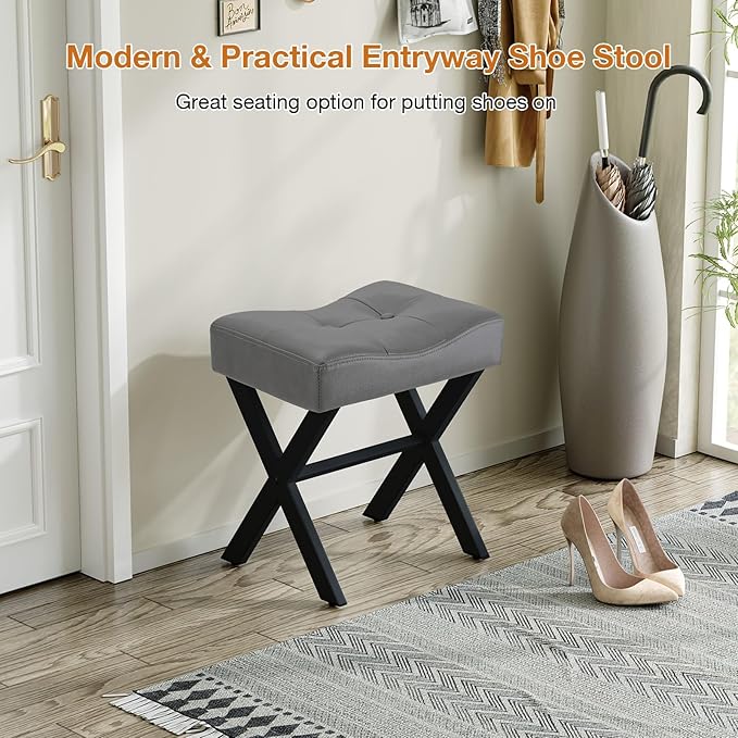 18-Inch Leather Vanity Stool Chair, Vanity Bench with Metal X-Leg, Ottoman Accent Stool with Thick Padded Saddle Seat, Gray