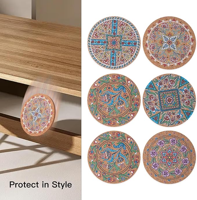 Coasters for Drinks 12 pcs Absorbent Cork Coasters with Turkish Mandala Pattrn for Coffee Table Housewarming Gifts for New Home Present for Friends, Living Room Decor, Apartment Decor