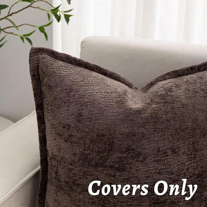 Brown Decorative Throw Pillow Covers 22x22 Inch Set of 2 Cozy Soild Chenille Cushion Cases Soft Textured Square Couch Pillows Cover Boho Accent Farmhouse Pillowcases for Sofa Bed