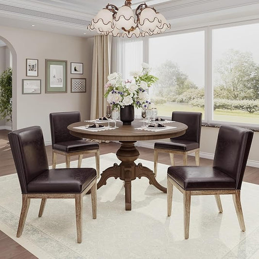 Wooden Dining Chairs Set of 4, Modern Leather Upholstered Dining Room Chair, Kitchen Side Chairs, Farmhouse Dinner Chair with High Back for Kitchen, Brown