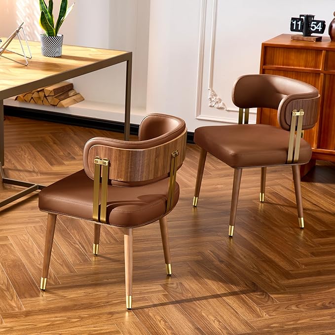 Modern Mid-Century Upholstered Leather Dining Chairs Set of 2 with Thick High-Resilience Foam, Walnut Wood Veneer,Dining Chairs with Anti-Slip Pads,Tan
