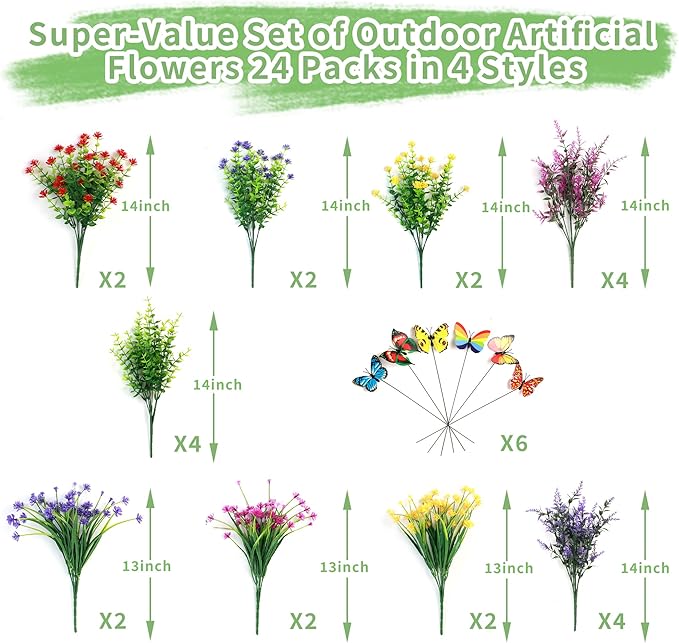 24 Bundles Artificial Flowers for Outdoors UV Resistant, Artificial Flowers Outdoor Decoration, No Fade Faux Fake Flowers Greenery Shrub Plants for Garden Home Front Porch Window Hanging Decor