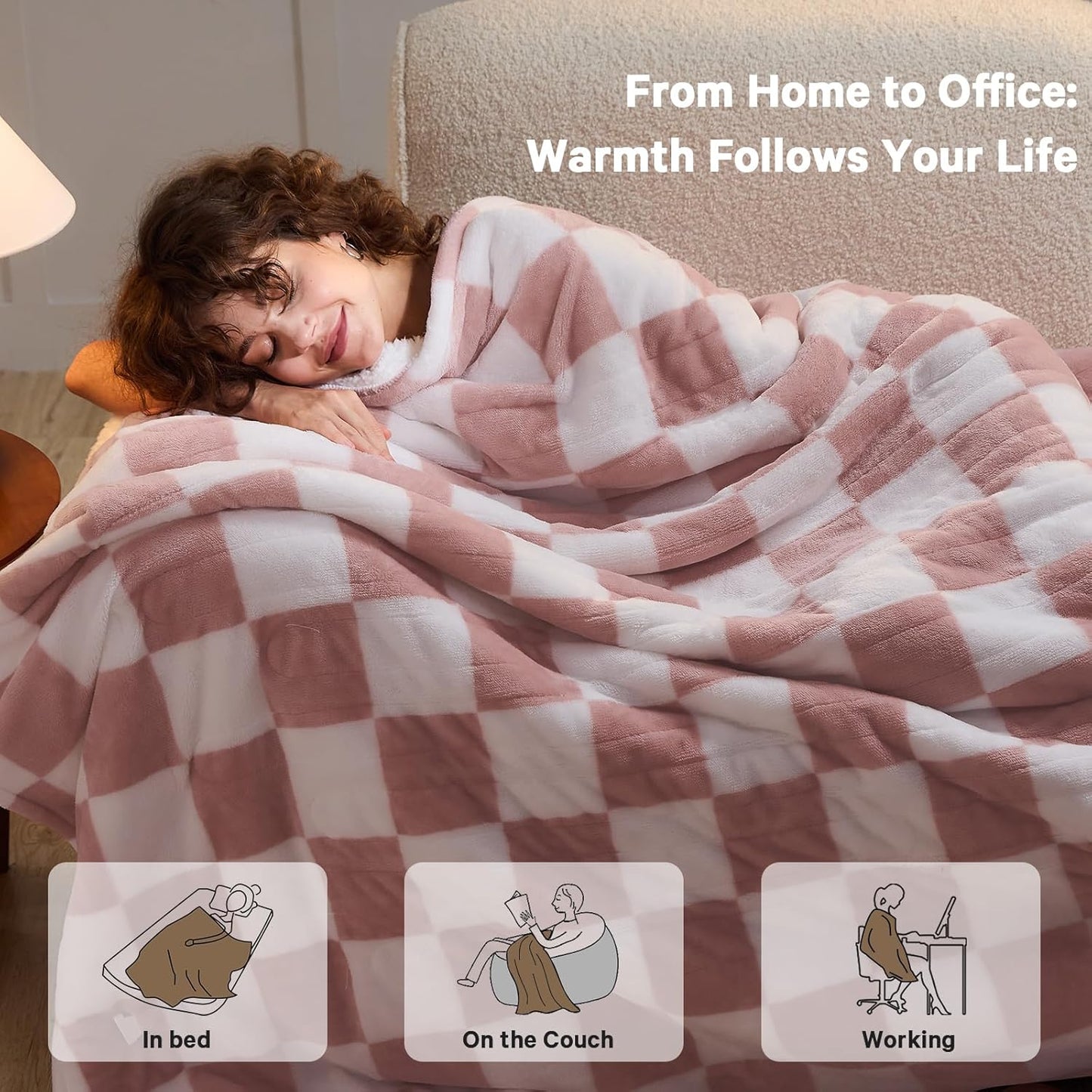 Light Pink Heated Blanket Electric Twin Size, 62X84 Heating Blanket with 10 Heat Levels & 8 Hours Auto Off, Checkered Plaid Soft Fleece Sherpa Blankets Warmer Gifts for Couch Grandma Women Adults, ETL