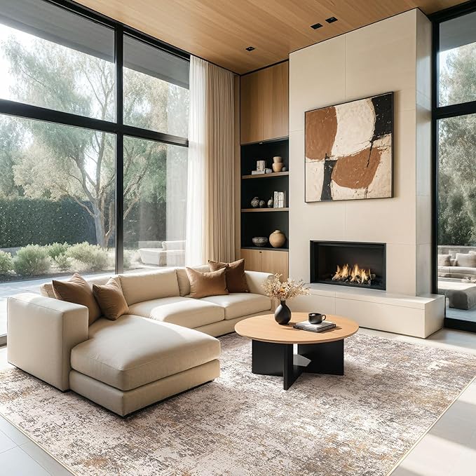 Area Rugs for Living Room: 5x7 Large Soft Washable Rug Modern Abstract Non-Slip Backing Stain Resistant Carpet for Bedroom Dining Room or Home Office Home Decor - Brown