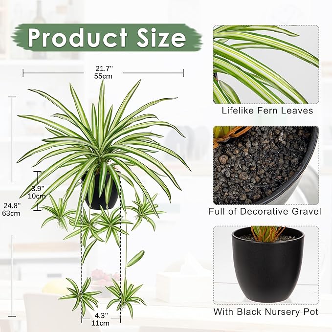 Fake Hanging Plant, Faux Spider Plant in Pot Artificial Grass Plants Faux Chlorophytum Comosum Potted Plants for Home Office Table Shelf Desk Kitchen Bathroom Bedroom Decor Cyan and White