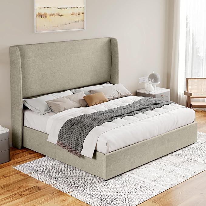 Jocisland Queen Size Bed Frame Lift Up Storage Bed Linen Upholstered Bed Frame with Hydraulic Storage/Wingback Headboard/No Box Spring Needed/Khaki