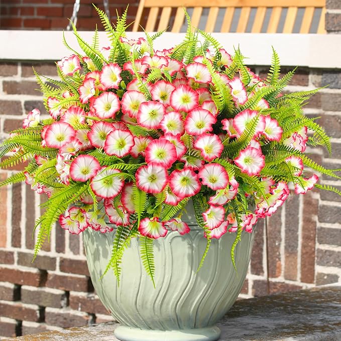 Artificial Flowers Outdoors 12 Bundles Pink Artificial Petunias Fake Flowers UV Resistant Shrubs Plants with Fern for Indoor Outside Hanging Planters Home Garden Summer Decorations