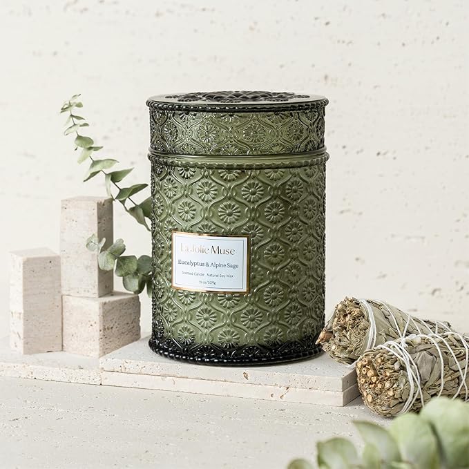 LA JOLIE MUSE Scented Candles Eucalyptus & Alpine Sage, 19 oz Large Wood Wicked Candle, Decorative Candles in Glass, Natural Soy Wax, 90 Hours Long Burning