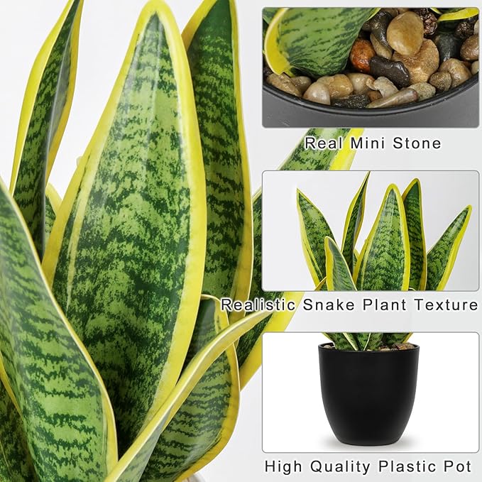 Hollyone Artificial Snake Plant Potted Faux Sansevieria Trifasciata Plants, 13" Tropical Fake Snake Plants in Black Pots for Home Office Room Indoor Decor Housewarming Gifts