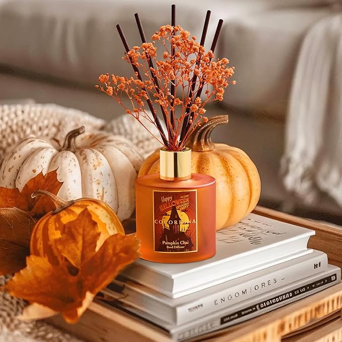 COCORRÍNA Reed Diffuser - Pumpkin Chai 6.7 fl oz Scented Diffuser with 8 Sticks Home Fragrance Bathroom Shelf Decor (Halloween Collection)