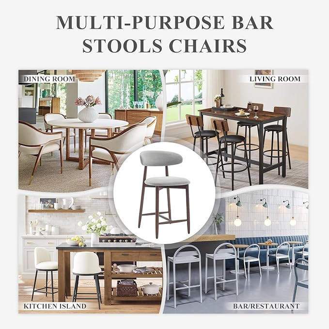 Upholstered Counter Height Bar Stools, Kitchen Island Stools with Back, Modern Counter Stools Chairs with Wood Legs for Kitchen Island Dining Room, Light Grey
