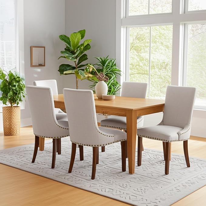 Set of 4 Beige Upholstered Dining Chairs – Farmhouse Kitchen Chairs with High Back, Solid Rubberwood Legs, Padded Foam Seat & Bronze Nailhead Trim, Comfortable Dining Room Chairs for Home, Living Room