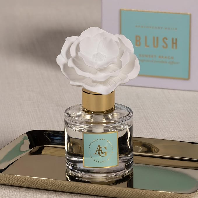 Zodax Apothecary Guild Blush Porcelain Oil Diffuser - Home Fragrance Diffuser Ideal for Living Room, Bathroom, Office - Makes a Great Gift - Porcelain Flower Design - Sunset Beach - 1.69 Oz.