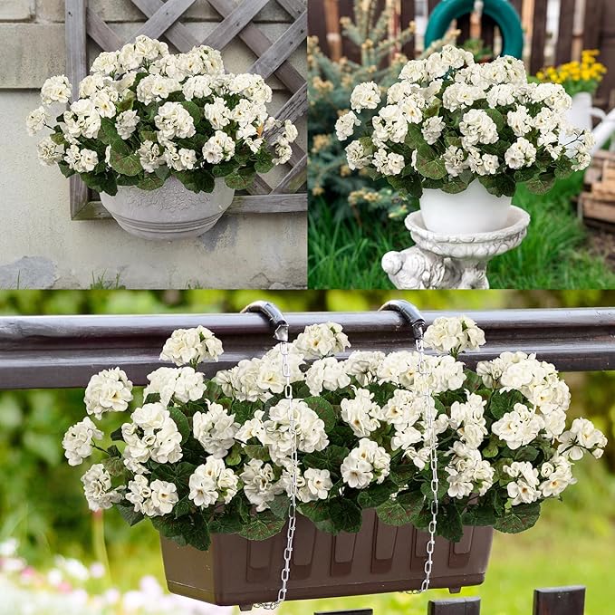 Plastic Flowers for Outdoors Home Decor Fake Plants Artificial Flowers Artificial Geraniums Outdoor Fake Flowers Silk Bouquet, Fall Decor for Interior Porch Garden Decor 14.4" (White) 8PCS