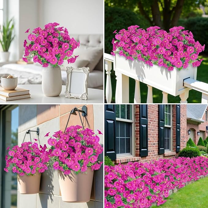 Ouddy Decor 24 Bundles Artificial Flowers for Outdoors Decoration Fake Silk Morning Glory Flowers Faux Eucalyptus Plants UV Resistant for Porch Patio Garden Spring Summer Home Decor, Fuchsia